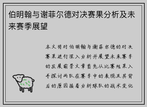 伯明翰与谢菲尔德对决赛果分析及未来赛季展望
